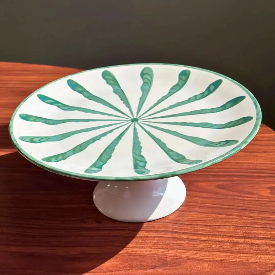 Prato para Bolo com Pé Cerâmica Piuma Verde Scalla