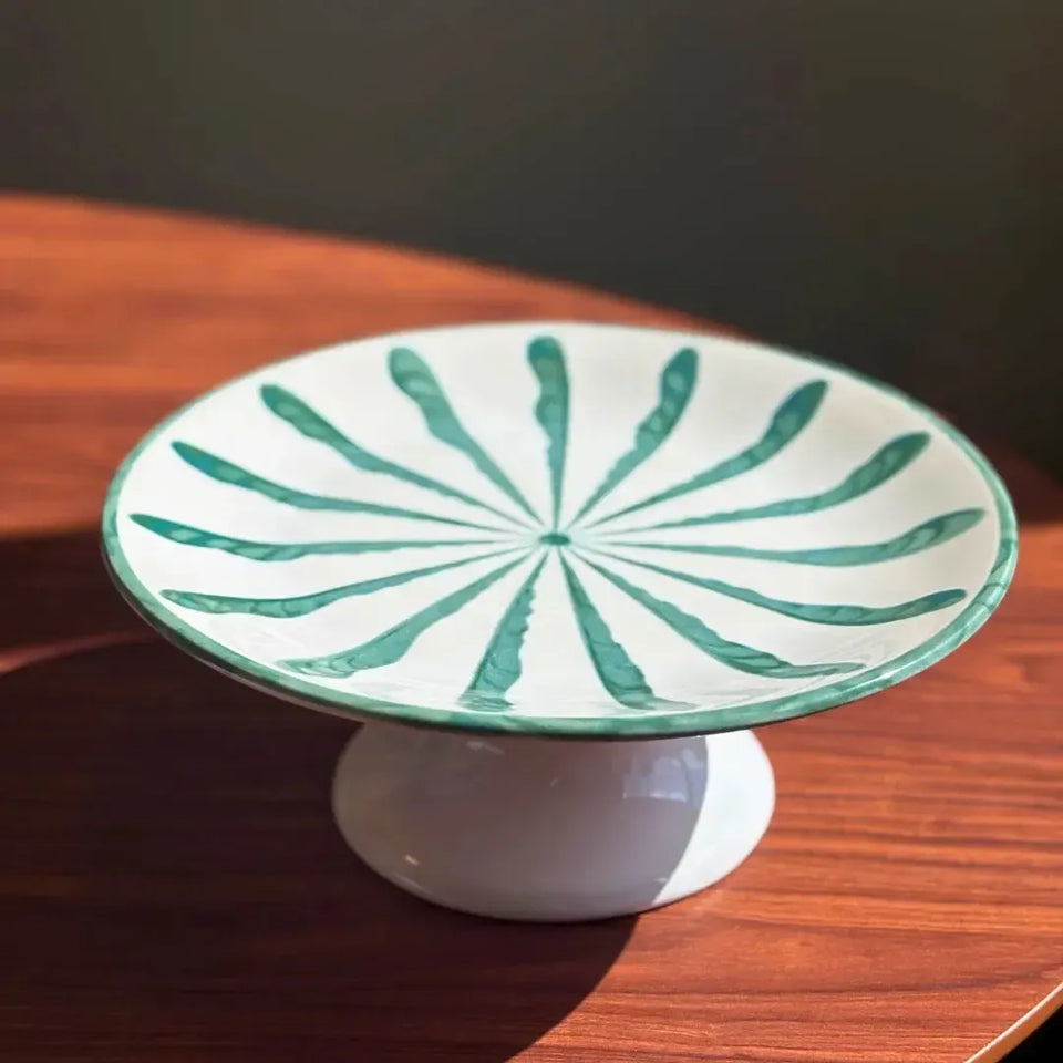 Prato para Bolo com Pé Cerâmica Piuma Verde Scalla