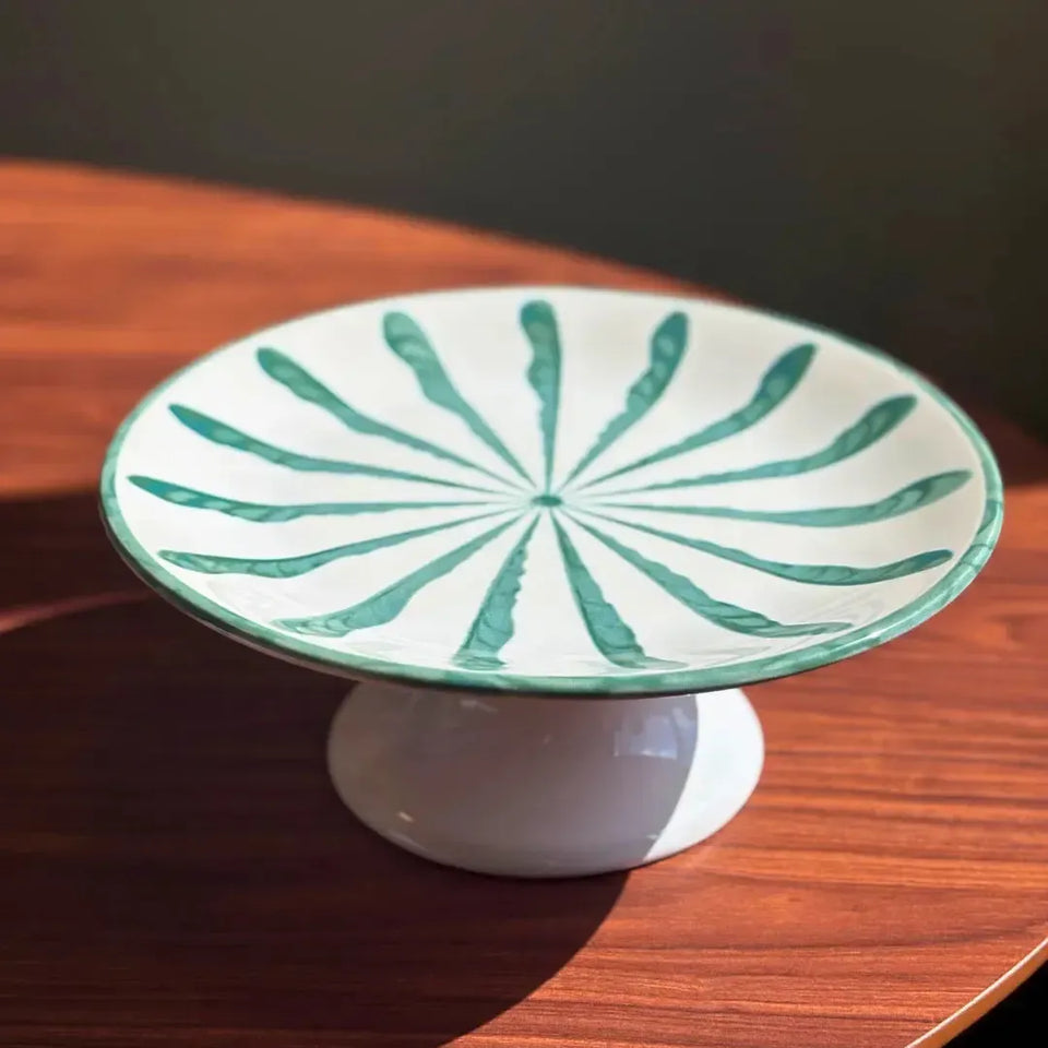 Prato para Bolo com Pé Cerâmica Piuma Verde Scalla