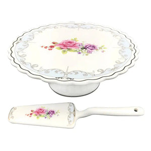 Prato para Bolo com Pé e Espátula New Bone China Mon Cheri 26x10,5cm L'Hermitage