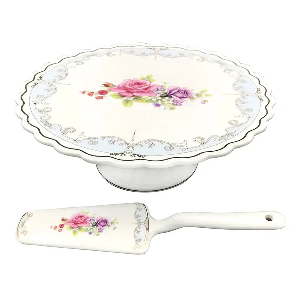 Prato para Bolo com Pé e Espátula New Bone China Mon Cheri 26x10,5cm L'Hermitage