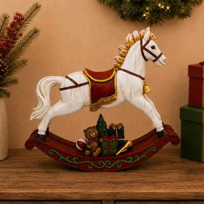 Adorno Decorativo Natal Resina Cavalo de Balanço Branco e Vermelho 49x13x42cm