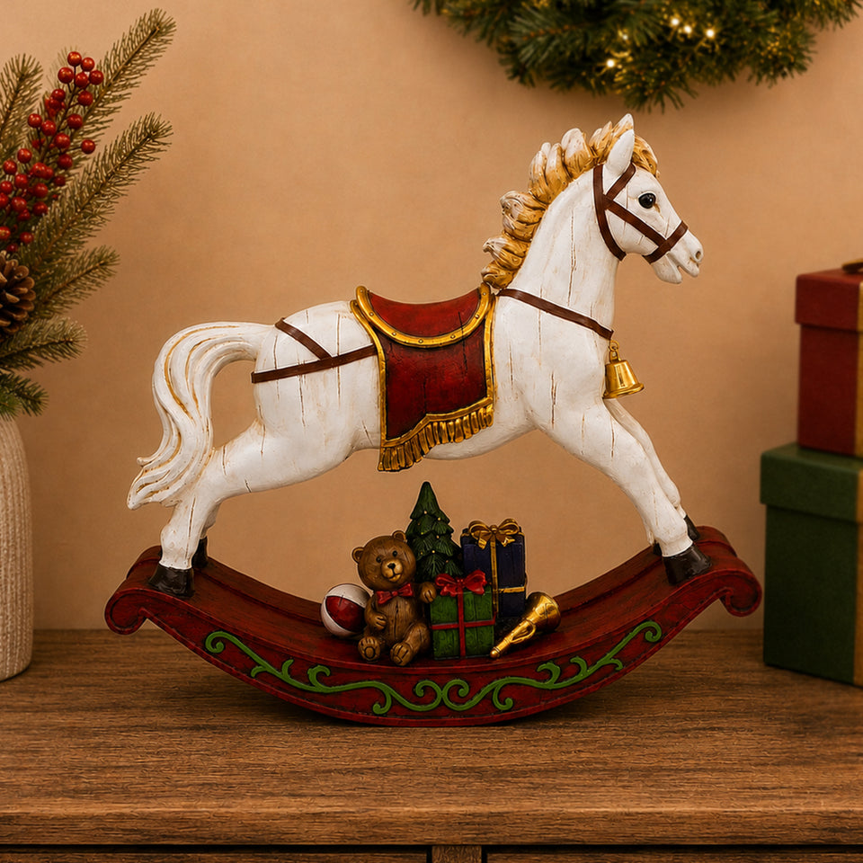 Adorno Decorativo Natal Resina Cavalo de Balanço Branco e Vermelho 49x13x42cm