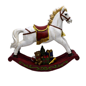 Adorno Decorativo Natal Resina Cavalo de Balanço Branco e Vermelho 49x13x42cm