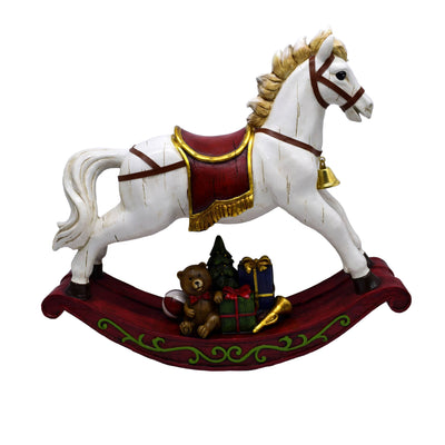 Adorno Decorativo Natal Resina Cavalo de Balanço Branco e Vermelho 49x13x42cm