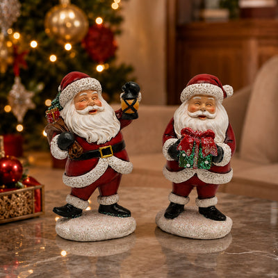 Jogo 2 Papais Noéis Natal Resina Branco e Vermelho