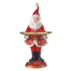 PRÉ-VENDA: Papai Noel Vermelho e Dourado em Resina com Bandeja Dourada Metal Natal