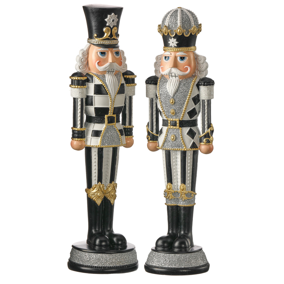 PRÉ-VENDA: Conjunto 2 Adornos Decorativos Soldado Quebra Nozes Natal Resina Branco e Preto