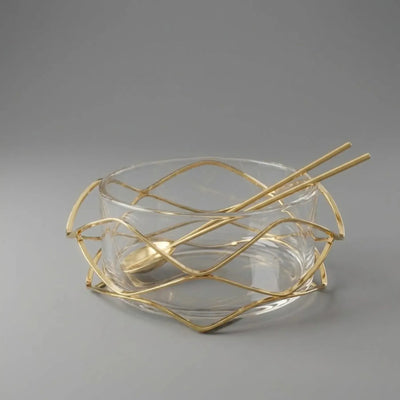 Saladeira Diamante Inox Revestido com Ouro 24k com Par de Talheres Riva