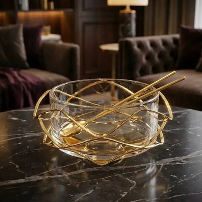 Saladeira Diamante Inox Revestido com Ouro 24k com Par de Talheres Riva