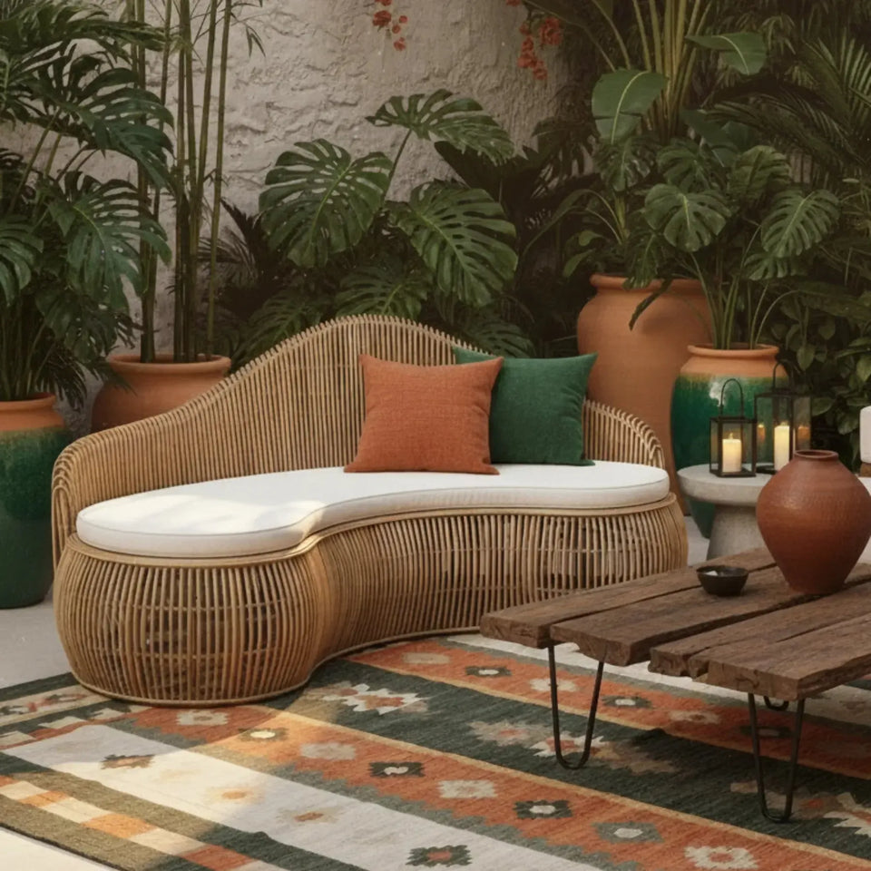 Sofá Curvo Mandola Rattan Trançado Bahali 250x80x110cm