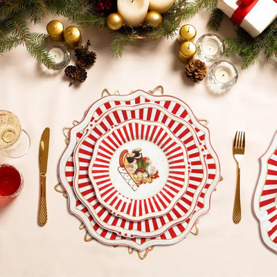 Jogo 6 Pratos Sobremesa Cerâmica Vermelho Filete Dourado Christmas Charm 21cm Scalla