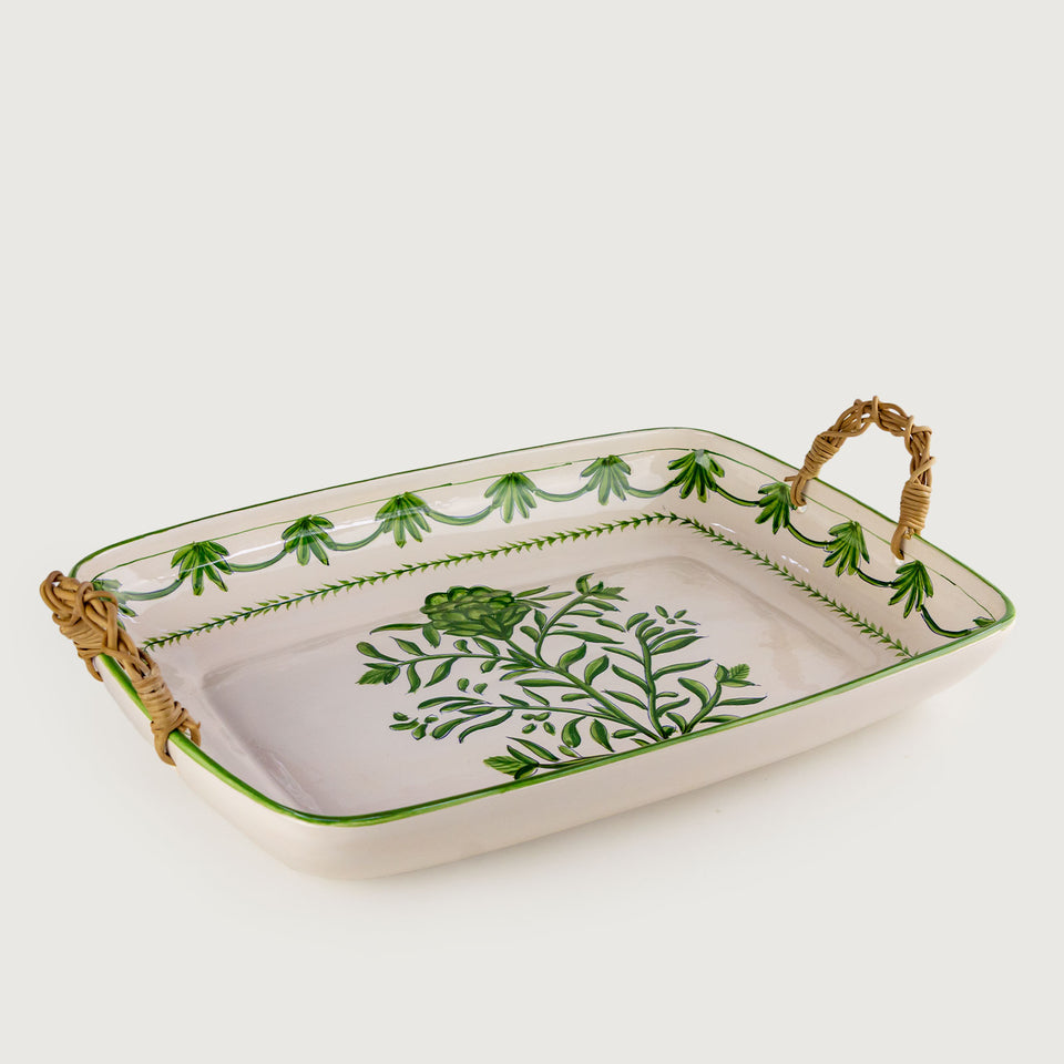 Travessa Moderna Retangular Cerâmica com Alça em Junco Alcachofra Provençal