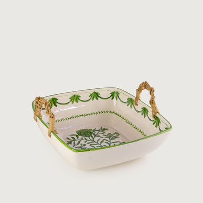 Travessa Moderna Quadrada Funda Cerâmica com Alça em Junco Alcachofra Provençal