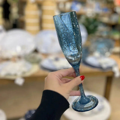 Taça Champanhe Acrílico Detalhes Bolhas Azul 296ml