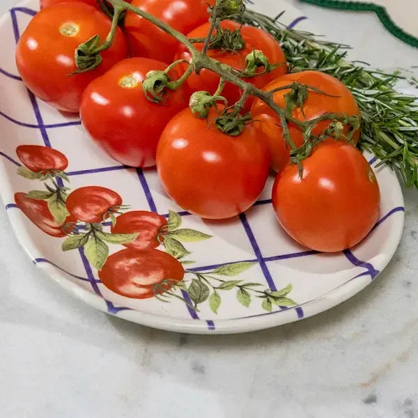 Travessa Aquarelle Pomodoro e Basilico Cerâmica Xadrez Azul 34x22cm