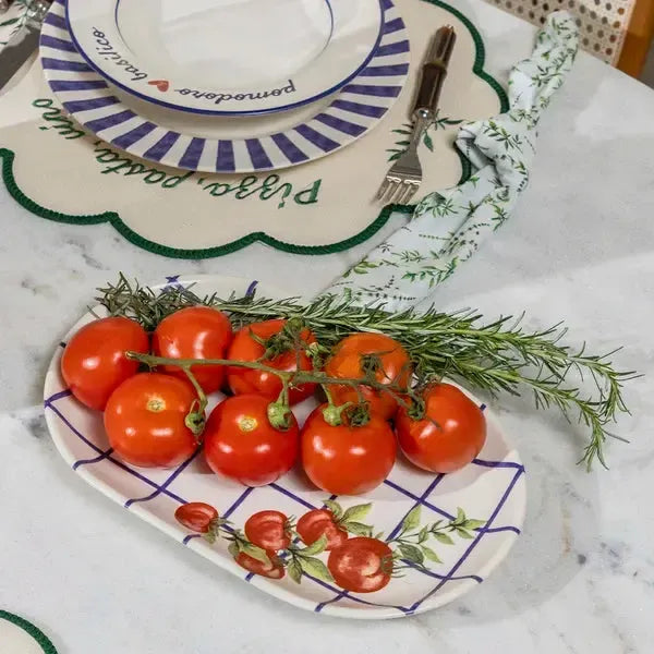 Travessa Aquarelle Pomodoro e Basilico Cerâmica Xadrez Azul 34x22cm