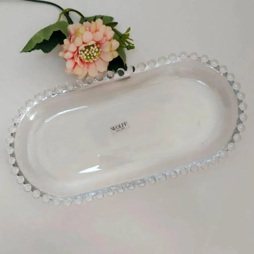 Travessa Cristal Oval Pérola Bolinha 30x15x2cm