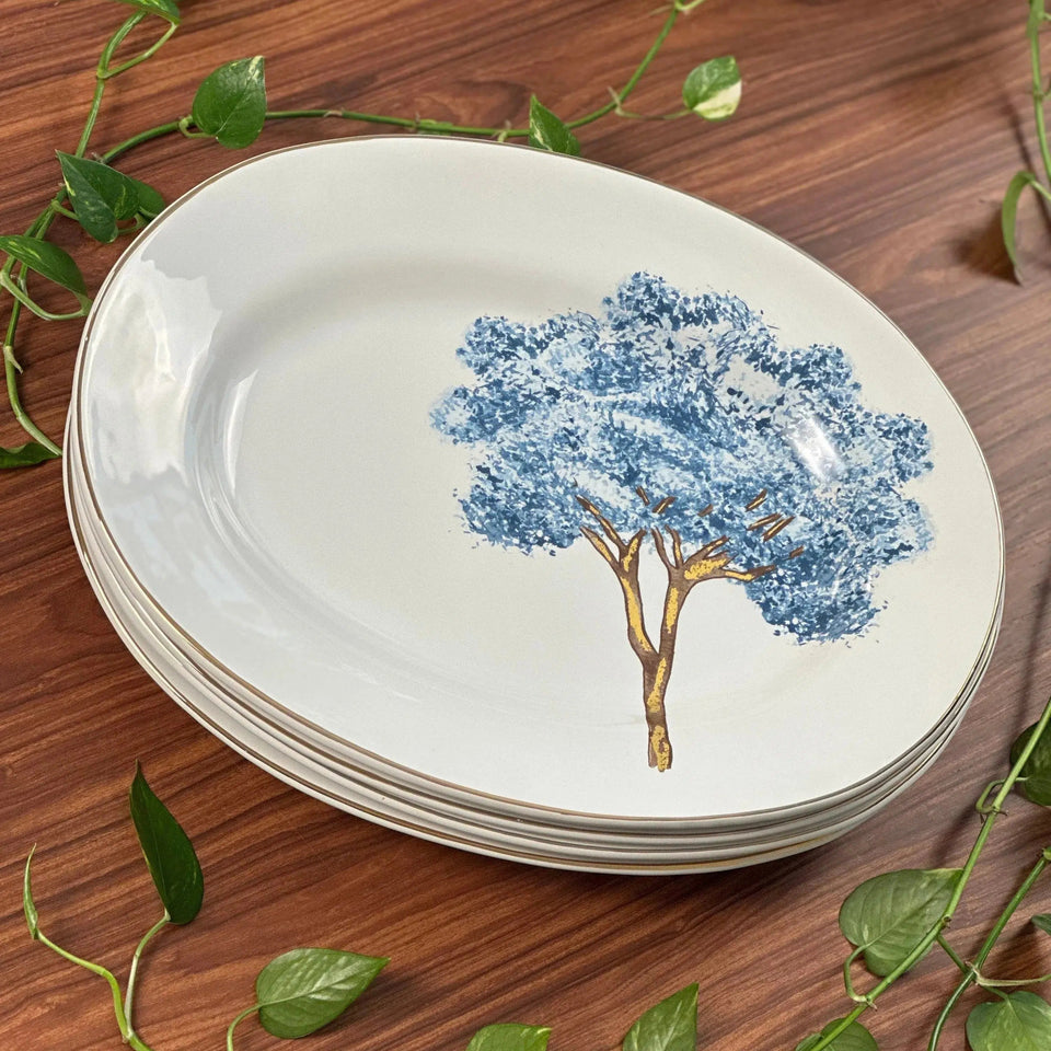 Travessa Grande Cerâmica Ypê Azul com Filete de Ouro 42x33cm Scalla