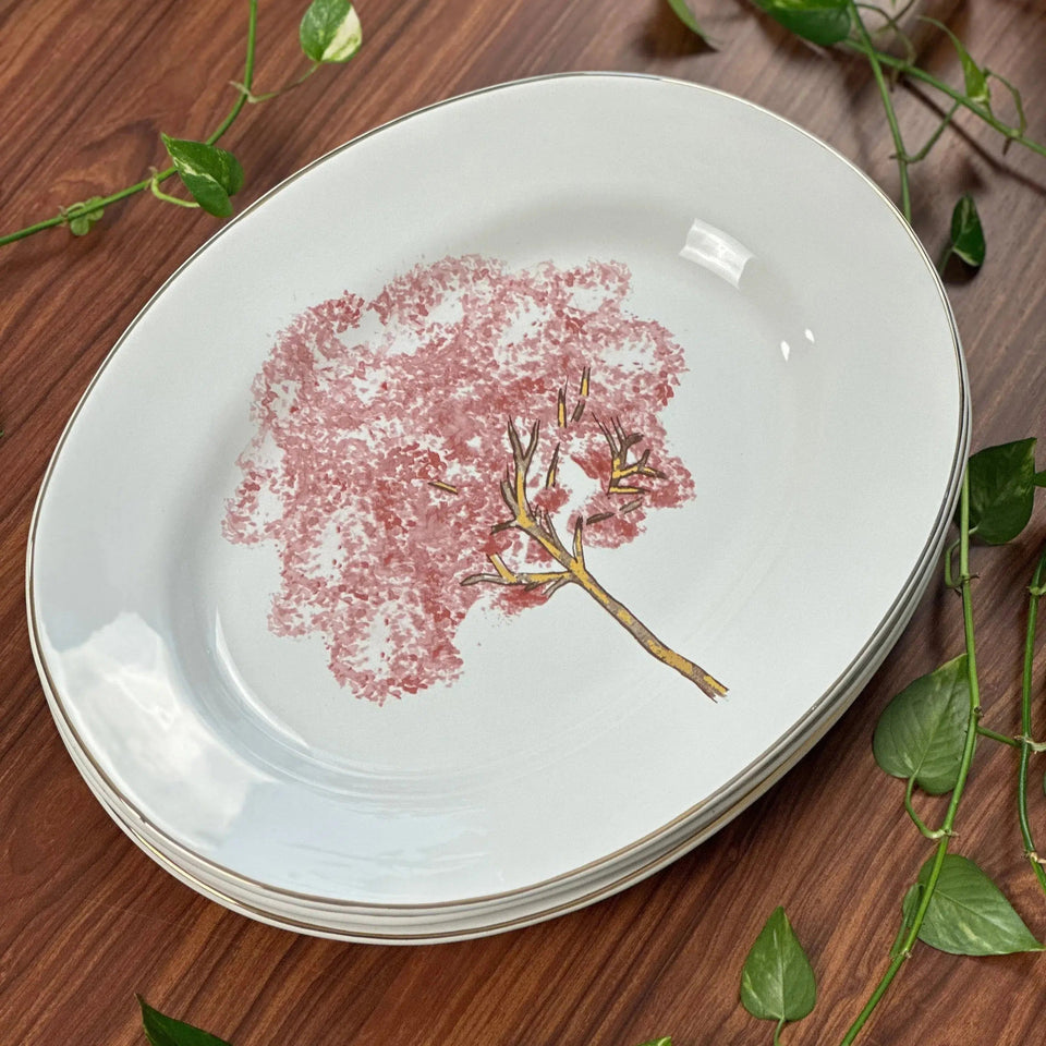 Travessa Grande Cerâmica com Filete Ouro Ypê Rosa 42x33cm Scalla