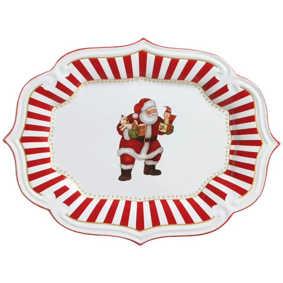 Travessa Media Cerâmica Vermelha com Filete Dourado Christmas Charm 30,5x3,5 Scalla