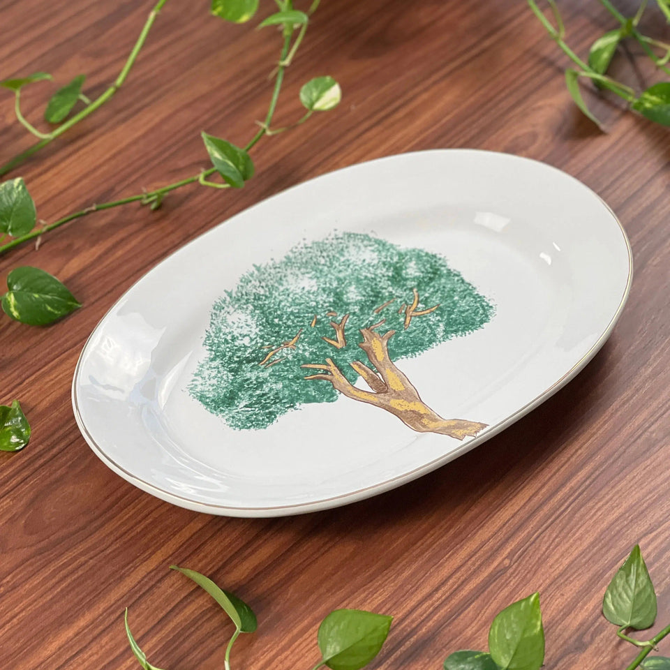 Travessa Média Cerâmica Ypê Verde com Filete de Ouro 39x27cm Scalla