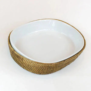 Travessa Oval Porcelana Maya com Suporte em Rattan 30x23cm