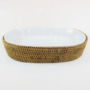 Travessa Oval Porcelana Maya com Suporte em Rattan 30x23cm