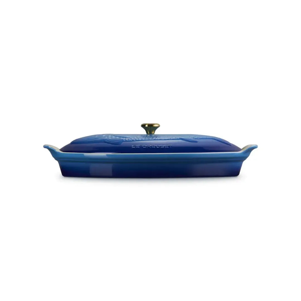 Travessa Oval para Peixe Cerâmica Com Tampa Heritage Azure 34cm Le Creuset
