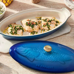 Travessa Oval para Peixe Cerâmica Com Tampa Heritage Azure 34cm Le Creuset
