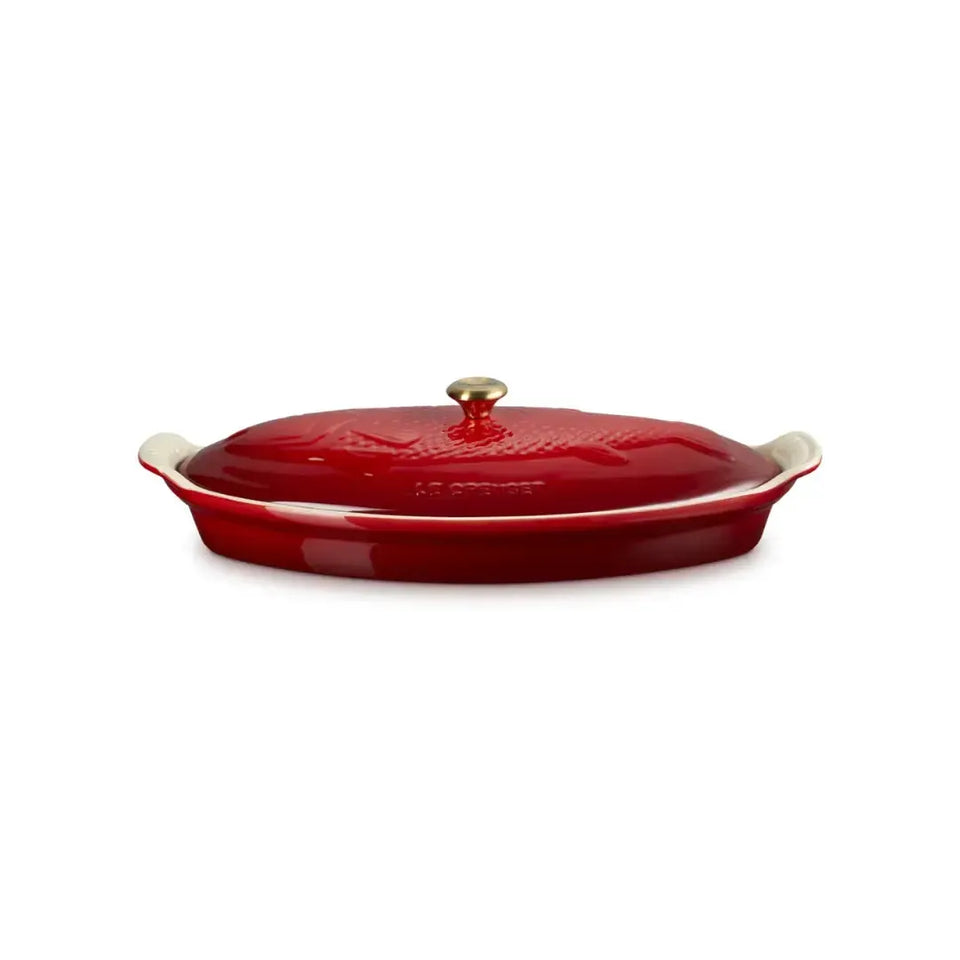 Travessa Oval para Peixe Cerâmica Com Tampa Heritage Vermelha 34cm Le Creuset