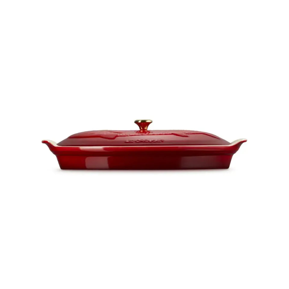 Travessa Oval para Peixe Cerâmica Com Tampa Heritage Vermelha 34cm Le Creuset