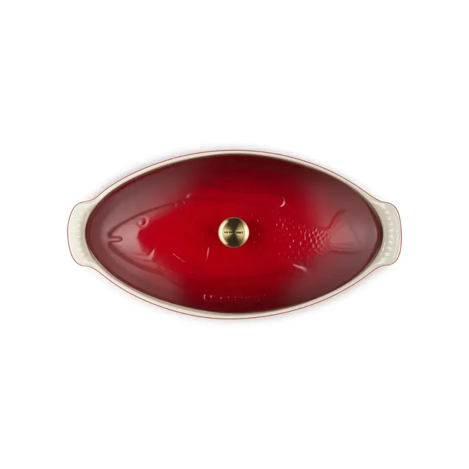 Travessa Oval para Peixe Cerâmica Com Tampa Heritage Vermelha 34cm Le Creuset