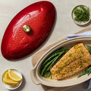 Travessa Oval para Peixe Cerâmica Com Tampa Heritage Vermelha 34cm Le Creuset