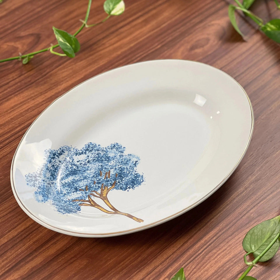 Travessa Pequena Cerâmica Ypê Azul com Filete de Ouro 33x24cm Scalla