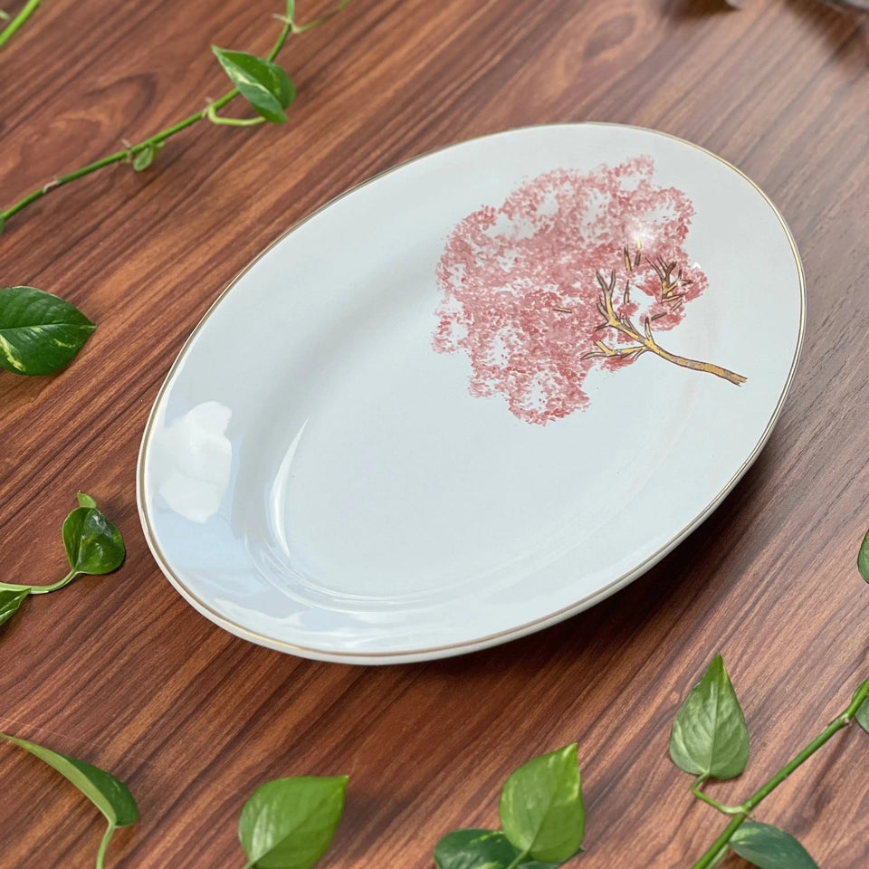 Travessa Pequena Cerâmica Ypê Rosa com Filete de Ouro 33x24cm Scalla