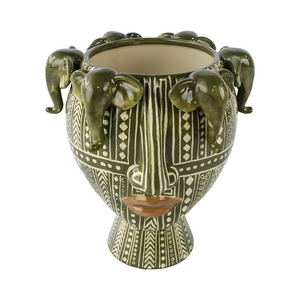 PRÉ-VENDA: Vaso Cerâmica Cabeça Savana Detalhes Elefantes Verde 24cm