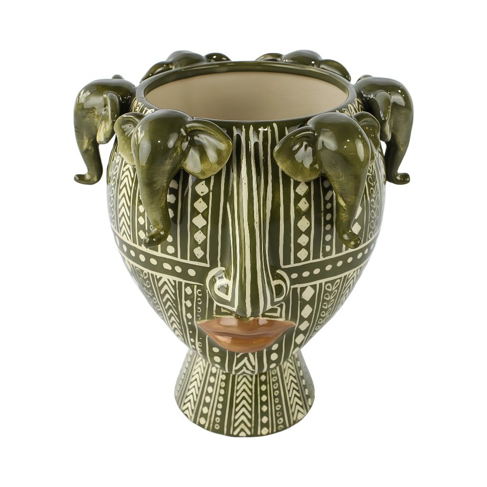 PRÉ-VENDA: Vaso Cerâmica Cabeça Savana Detalhes Elefantes Verde 24cm