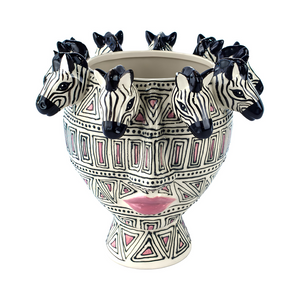 PRÉ-VENDA: Vaso Cerâmica Cabeça Zuri Detalhes Zebras Rosa 24cm