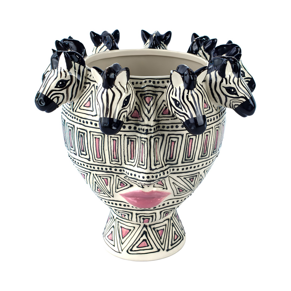 PRÉ-VENDA: Vaso Cerâmica Cabeça Zuri Detalhes Zebras Rosa 24cm