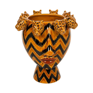 PRÉ-VENDA: Vaso Cerâmica Cabeça Nala Detalhes Leopardo Mostarda 24cm