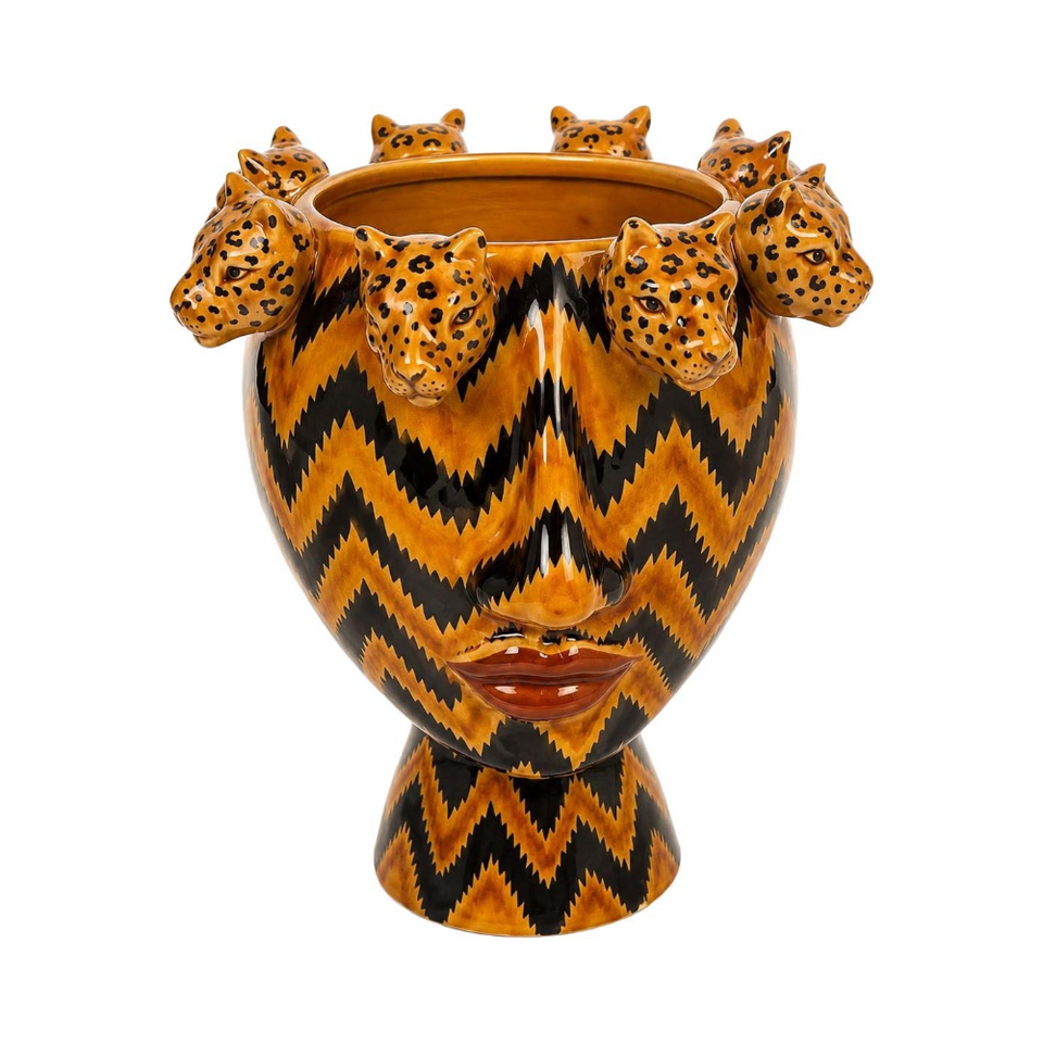 PRÉ-VENDA: Vaso Cerâmica Cabeça Nala Detalhes Leopardo Mostarda 24cm