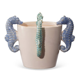 Vaso Cerâmica Branco Cavalos Marinhos Azuis e Verdes