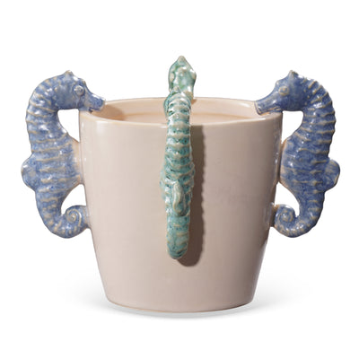 Vaso Cerâmica Branco Cavalos Marinhos Azuis e Verdes