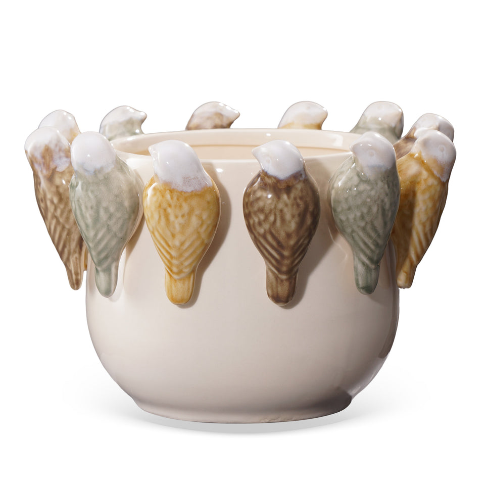 Vaso Cerâmica Branco Pássaros Baixo 20,3cm