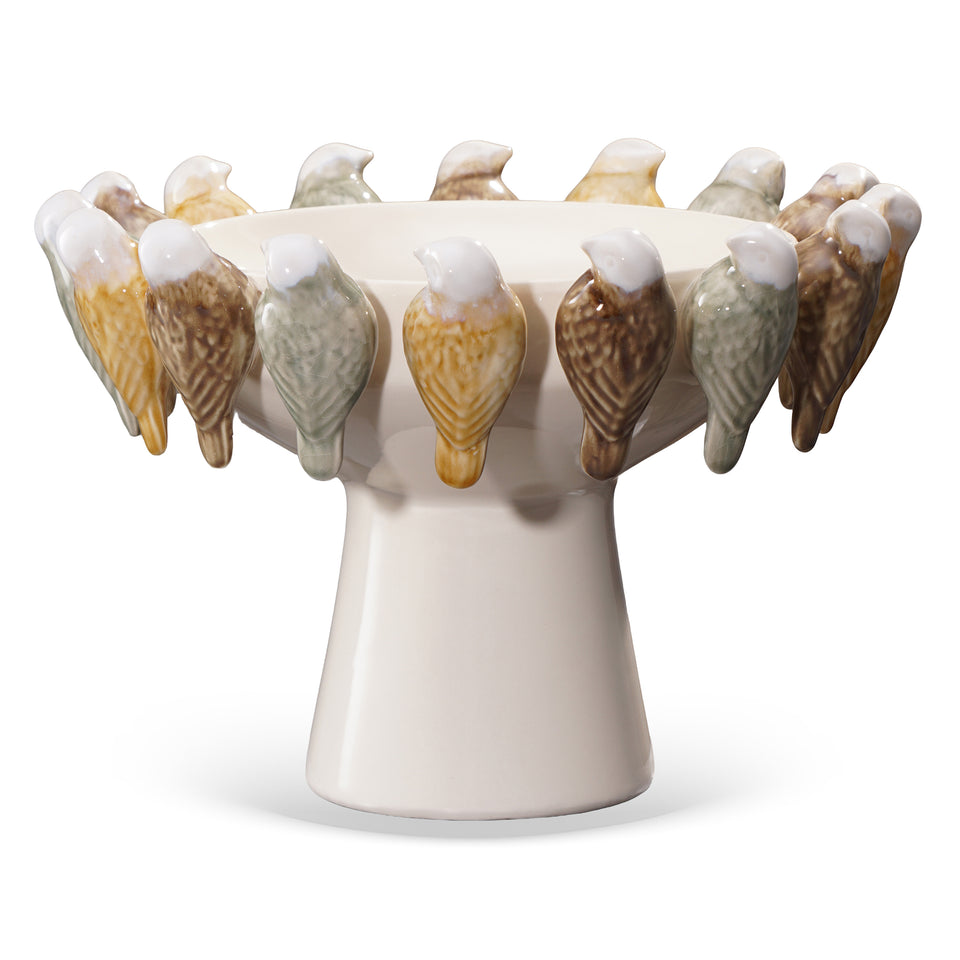 Vaso Cerâmica Branco Pássaros Baixo 26cm