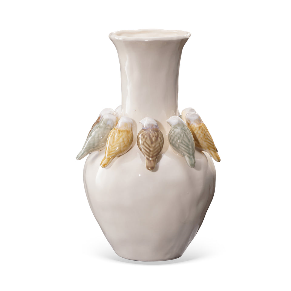 Centro de Mesa Cerâmica Branco Pássaros Alto 41cm