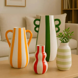 Vaso Cerâmica Alças Branco com Listras Laranja 18,5x 9,5x 14 Tuut