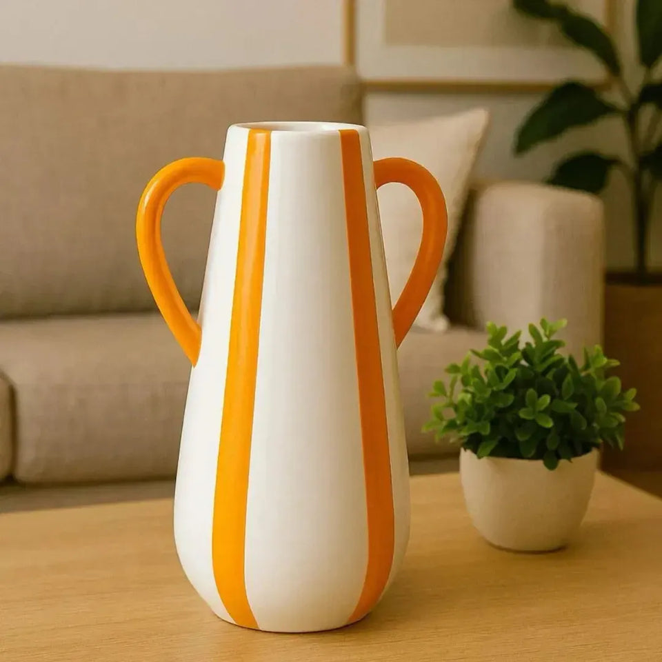 Vaso Cerâmica Alças Branco com Listras Laranja 18,5x 9,5x 14 Tuut