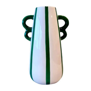 Vaso Cerâmica Alças Branco com Listras Verde Cerâmica 21,2x10x14cm Tuut